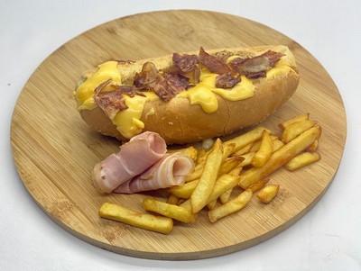 Hot-dog with cheese sauce